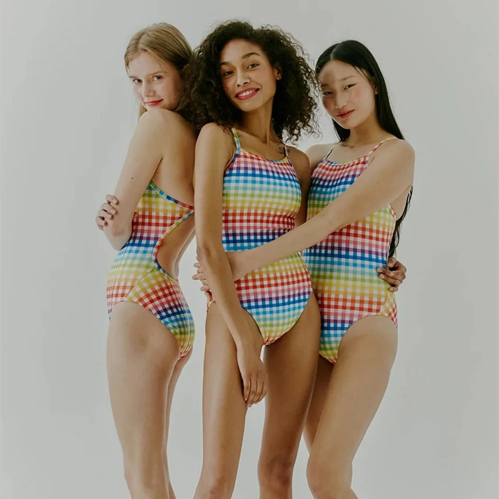 Women's Swimming Suit Hollow Back Swimsuit Female One-piece Triathlon Happy Prints Fit Practice Training Swimsuit