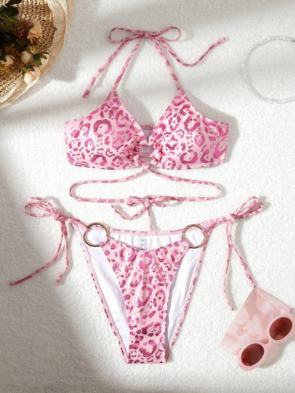 Halter String Bikinis Women Ring Linked Swimwear Female Swimsuit Leopard Bathers Swimming Bathing Swimsuit Beachwear