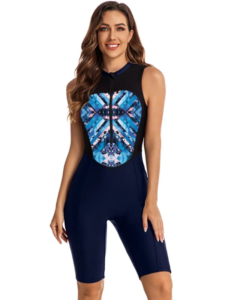 One Piece Zipper Swimsuit Knee Length Racing Swimsuit Female Swimming Sleeveless Outfit Women Professional Sporty Swimwear