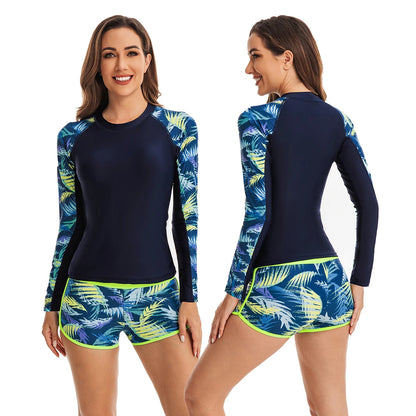Long Sleeve Swimsuits for Women Two Piece Rash guard Bathing Suit Zip Up Padded Shirt UV Protection Tankini Tops & Bottoms