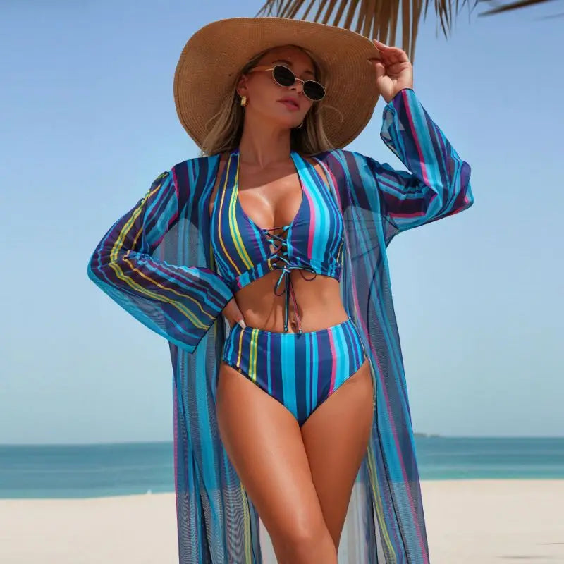 Striped Swimsuit Three Piece Cover Up Bikinis Set Summer Beach Swimwear Bathing Suit For Women