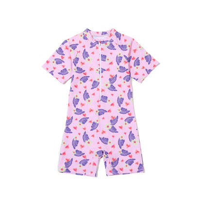 Leaf Print One Piece Girls Swimwear Kids Short Sleeve Swimsuit With Front Zipper Summer Children Swimming Suit Beachwear
