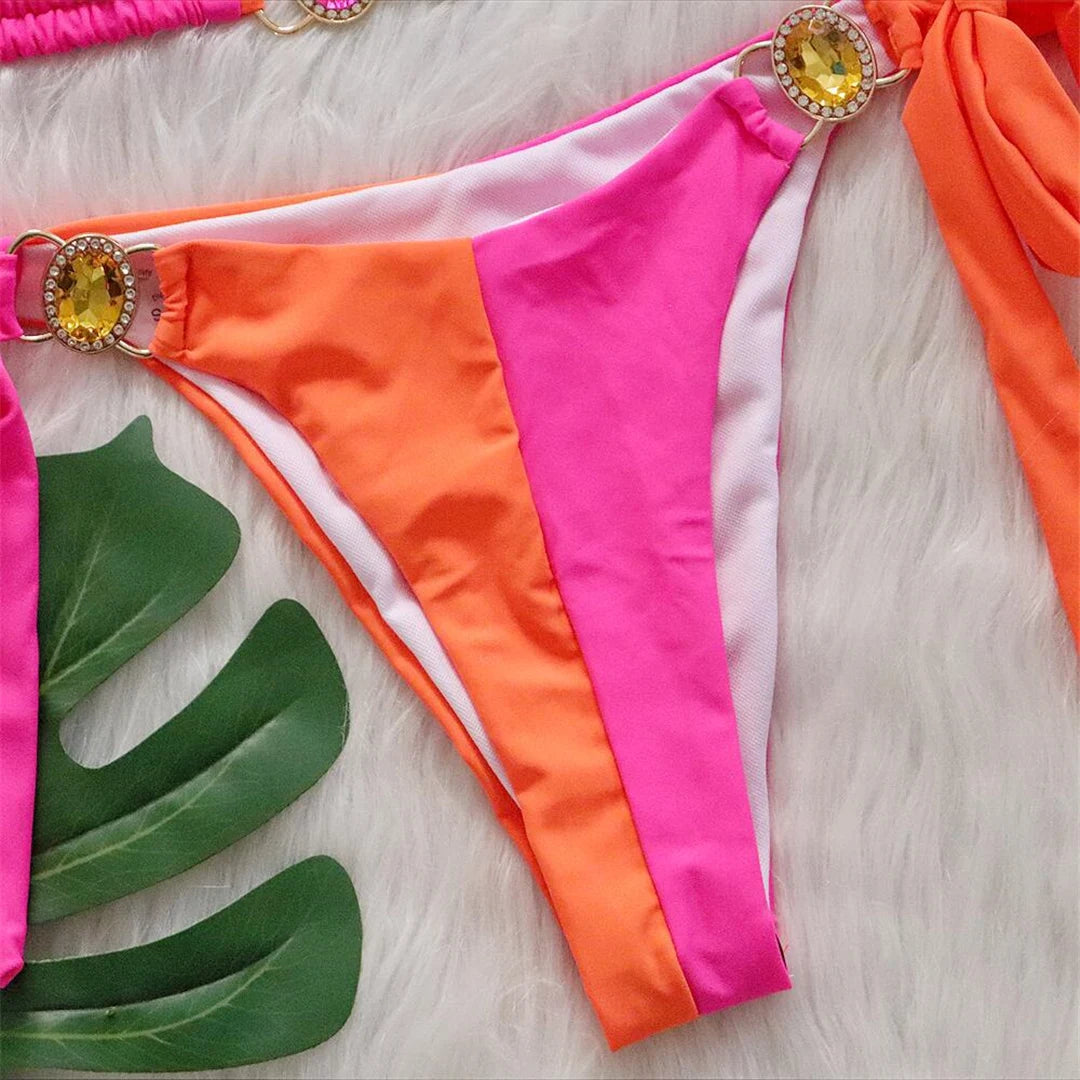 8 Colors Diamond Rhinestones Splicing Bikini Women Swimwear Female Swimsuit Two-pieces Bikini set Bather Bathing Suit Swim