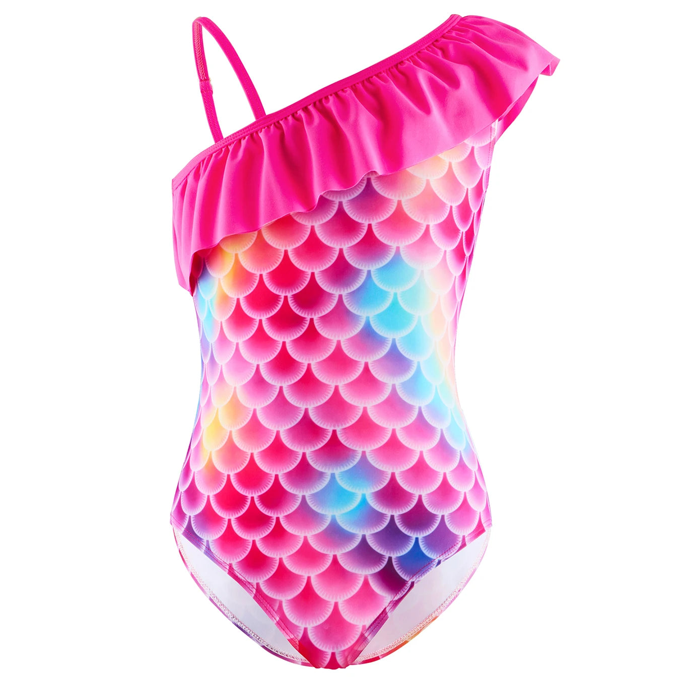 Swimming Suit Kids, One-Piece Swimwear, Girls Summer Clothes, One Shoulder Design with Ruffle, 3D Scale