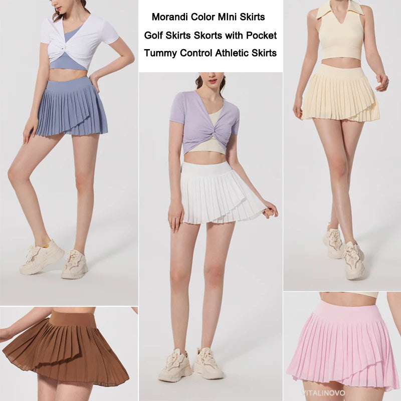 Women's High-Waisted Asymmetric Tennis Skirt with Built-In Shorts