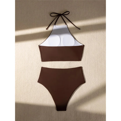 Halter Wrinkled High Neck Female Swimsuit High Waist Bikini Women Swimwear Two-pieces Bikini set Bather Bathing Suit Swim