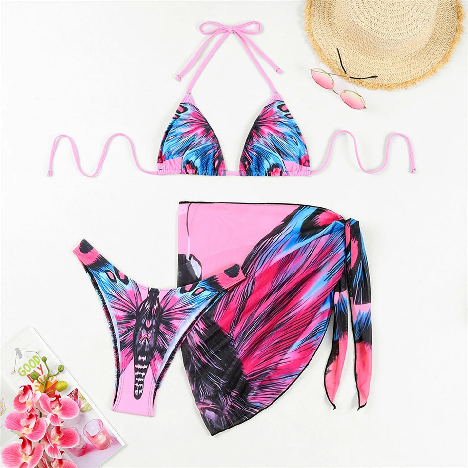 3 Pieces Bikini With Beach Skirt Butterfly Print String Bathing Suit Women Swimwear Female Swimming Swimsuit
