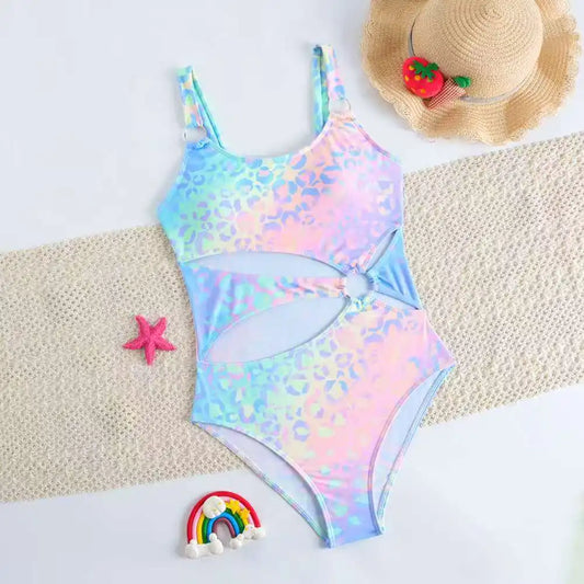 Girl Tie Dye Print One Piece Swimsuit for Kids Children's Swimwear 8-16 Years Beach Wear Cut Out Bathing Suit Teenagers Holiday