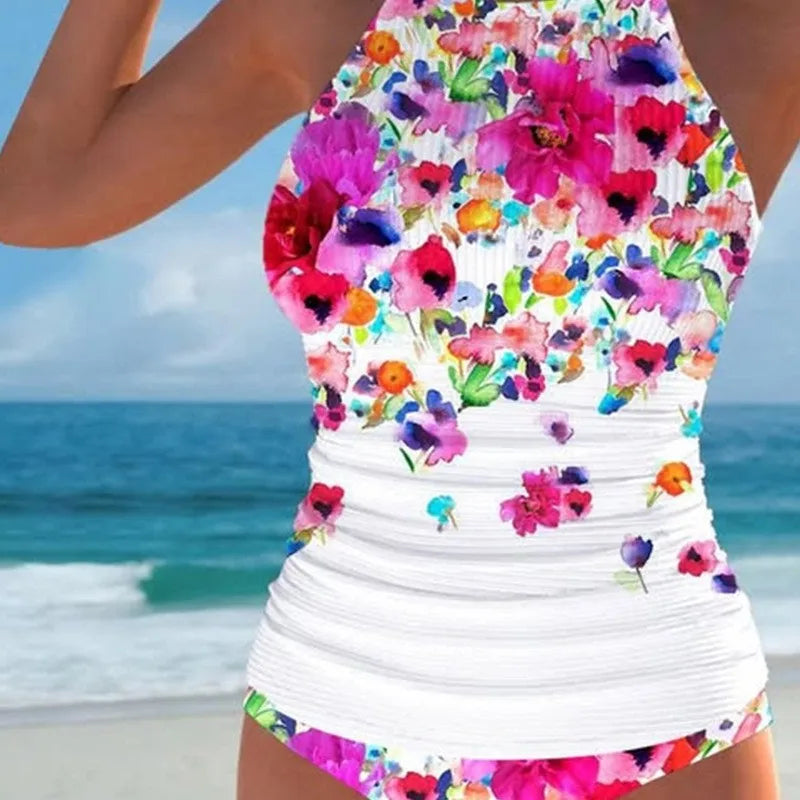 Floral Printed Tankini Bikini Set Tummy Control High Waist Bottom & Triangle Vest Top Women's Swimwear for Beach & Pool Shirts