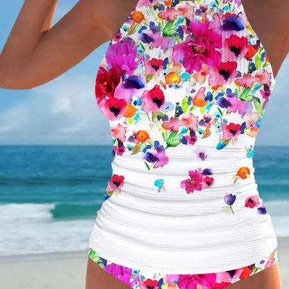 Floral Printed Tankini Bikini Set Tummy Control High Waist Bottom & Triangle Vest Top Women's Swimwear for Beach & Pool Shirts