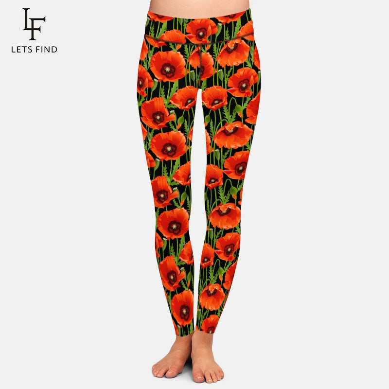 3D Poppies Flowers Print Women Stretch Pants Fashion High Waist Fitness Slim Soft Legging