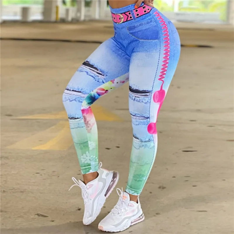 Woman Fashion Denim Yoga Pants Sport Leggings Print Fitness Leggins Slim Gym Tights High Waist Leggings Sportswear