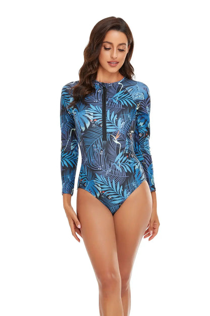 One-piece Swimsuit Women Long Sleeves Sunscreen Surf Wear Solid Color Stitching Zipper Conservative Summer Beach Swimwear