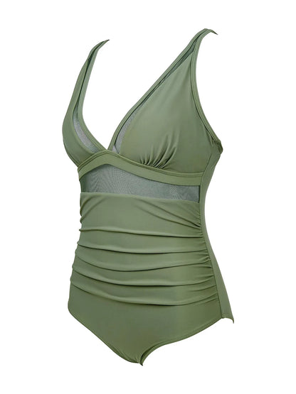 Mesh Panel Swimsuit One Piece High Cut Swimwear Women Solid Bathers Bathing Suit Female Backless Swimming Beachwear