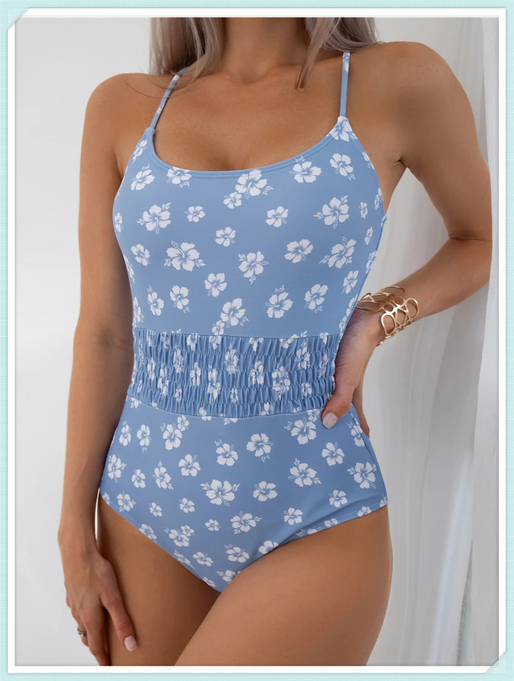 Straped Criss Back One Piece Swimsuit Vintage Swimwear Women Floral Print Bathing Suit Female Front Fold Beachwear Bodysuit