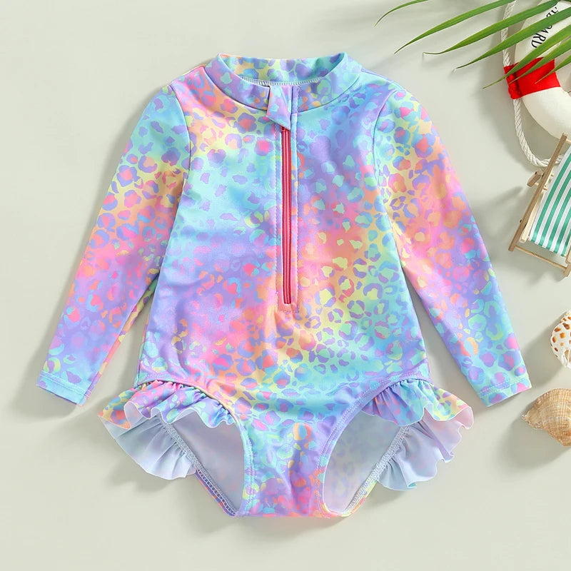1-6Years Toddler Girls Swimsuits Fish Scale Print Long Sleeve Ruffle Trim Swimwear Summer Beachwear Kids Bathing Suits