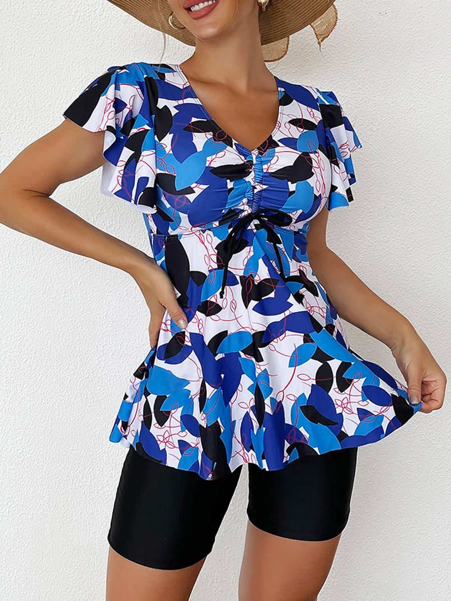 Printed Tankini Set Two Piece Swimsuit Women Tie Front Drawstring Swimwear Female Bathing Swimming Suit Beachwear Summer