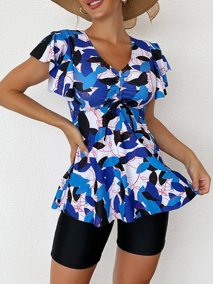 Printed Tankini Set Two Piece Swimsuit Women Tie Front Drawstring Swimwear Female Bathing Swimming Suit Beachwear Summer