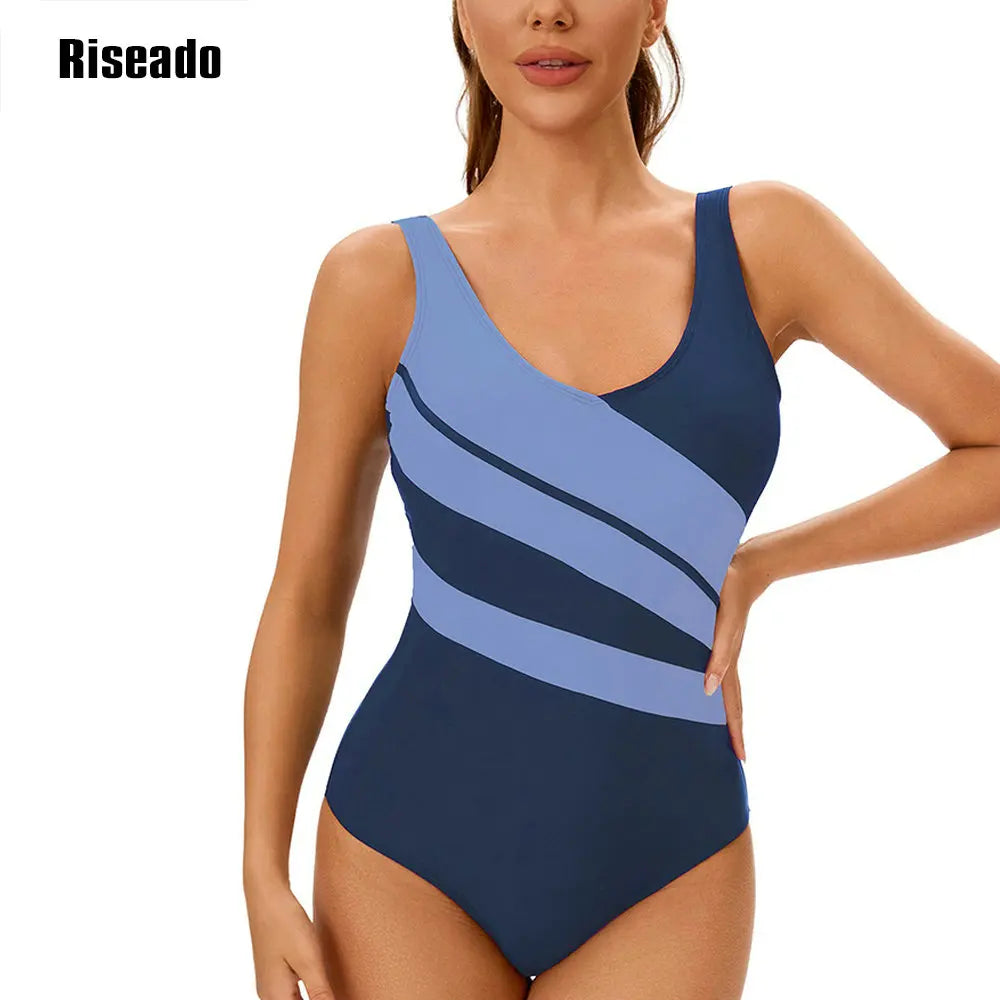 One Piece Swimsuit Women U Back Color Block Print Bathing Suits Athletic Modest Swimwear