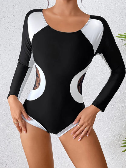Women One Piece Slim Mesh Swimwear Long Sleeves Swimsuit Female Bathers Bathing Swimming Swim Sporty Bodysuit Beachwear