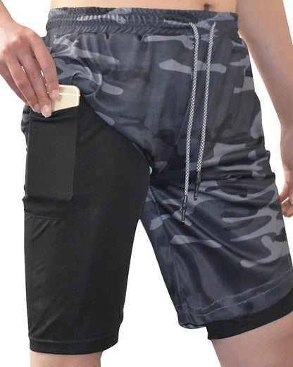 European Men's Sports Summer Double Layer Mobile Phone Pants Gym Exercise Jogging Training Shorts