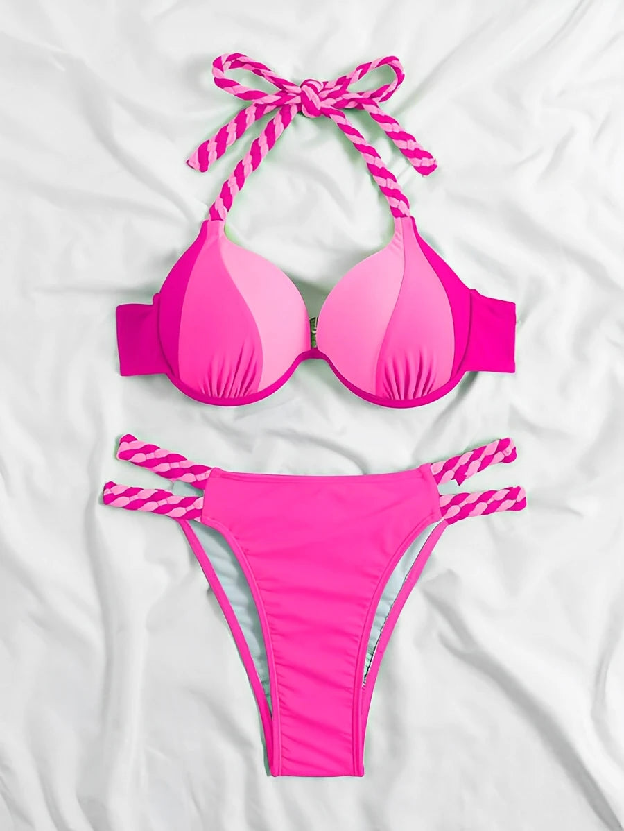 Color block Halter Push Up Bikini Halter Swimsuit Women Swimwear Female Bathers Bathing Swimming Swim Suit Beachwear