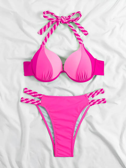 Color block Halter Push Up Bikini Halter Swimsuit Women Swimwear Female Bathers Bathing Swimming Swim Suit Beachwear