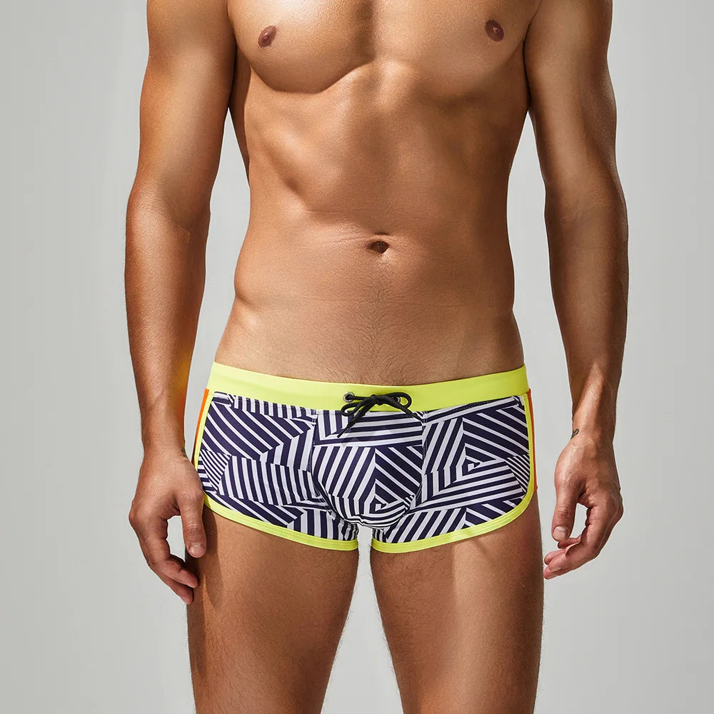 Men's Flat Angle Swimming Trunks for Hot Spring Soaking Nylon Fabric Adult Male Swimwear with Striped Pattern