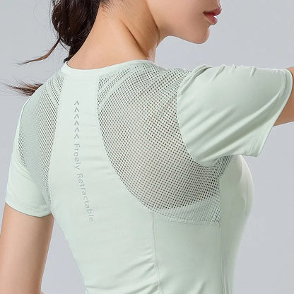 PofyBofy Mesh Stitching Reflective Strip Back Quick Dry Elastic Breathable Basic Short Sleeve Yoga T-shirt Women Gym Fitness Top