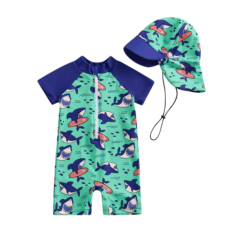 0-3Y Summer Baby Boys Beach Swimwear Casual Color Patchwork Shark/Tree Print Short Sleeve Zip Up Bathing Suit