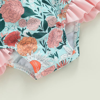 0-4Y Toddler Baby Girl Swimsuit Romper 4 Colors Flower Print Long Sleeve Ruffle Bikini Bathing Suit