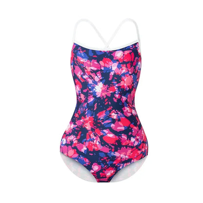 Women Vintage Racing One-piece Swimwear Sun Protection Professional Competition Flower Printed Swimsuit Training Bikini