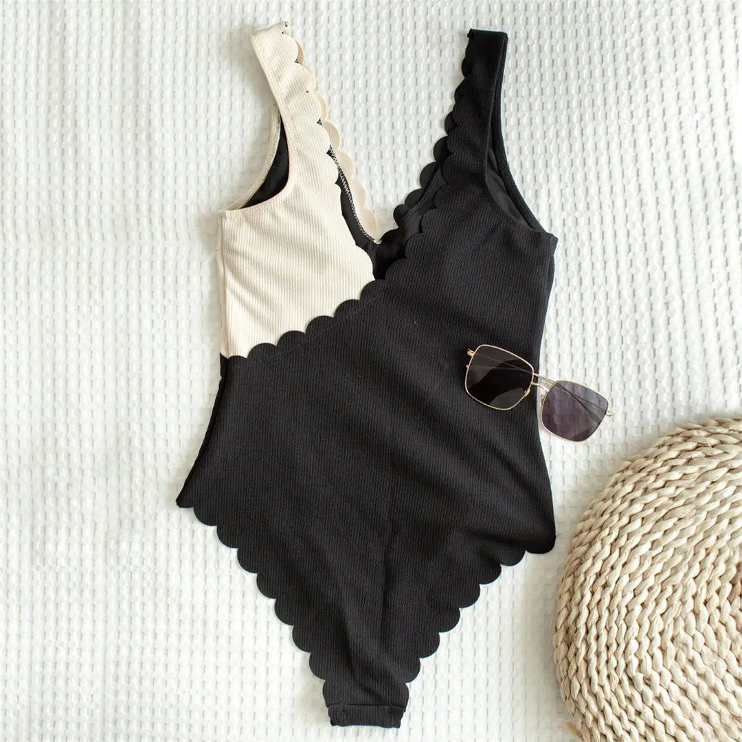 Scalloped Splicing High Cut One Piece Swimsuit Women Swimwear Female Ribbed Bather Bathing Suit Swim Lady