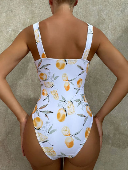 Pleated Front Swimsuit One Piece Printed Swimwear Women Bodysuit Lady Bathers Bathing Swimming Swim Beachwear Summer