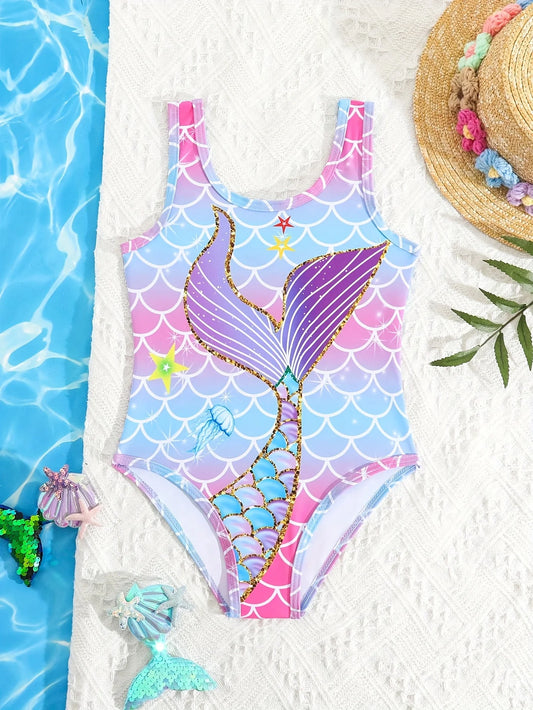 Cartoon mermaid tail and scale print one-piece swimsuit for young girls Chest Pad
