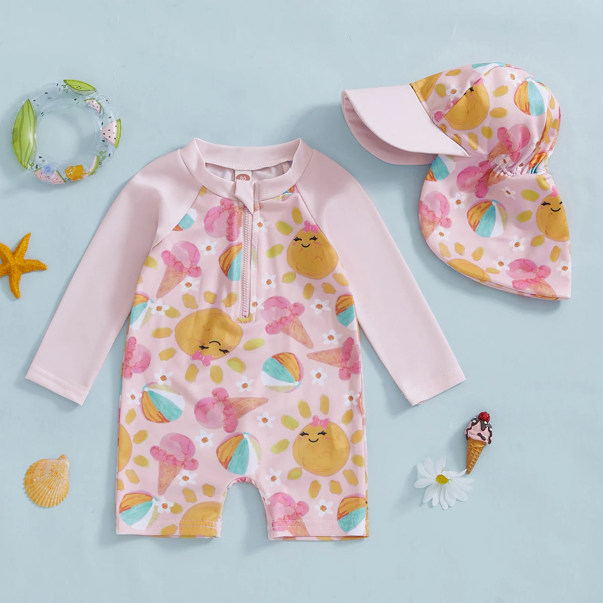 Kids Baby Girls Swimwear Bathing Suit Princess Rash Guard Infant Swimsuit Ice Cream Print Long Sleeve Swimwear + Hat