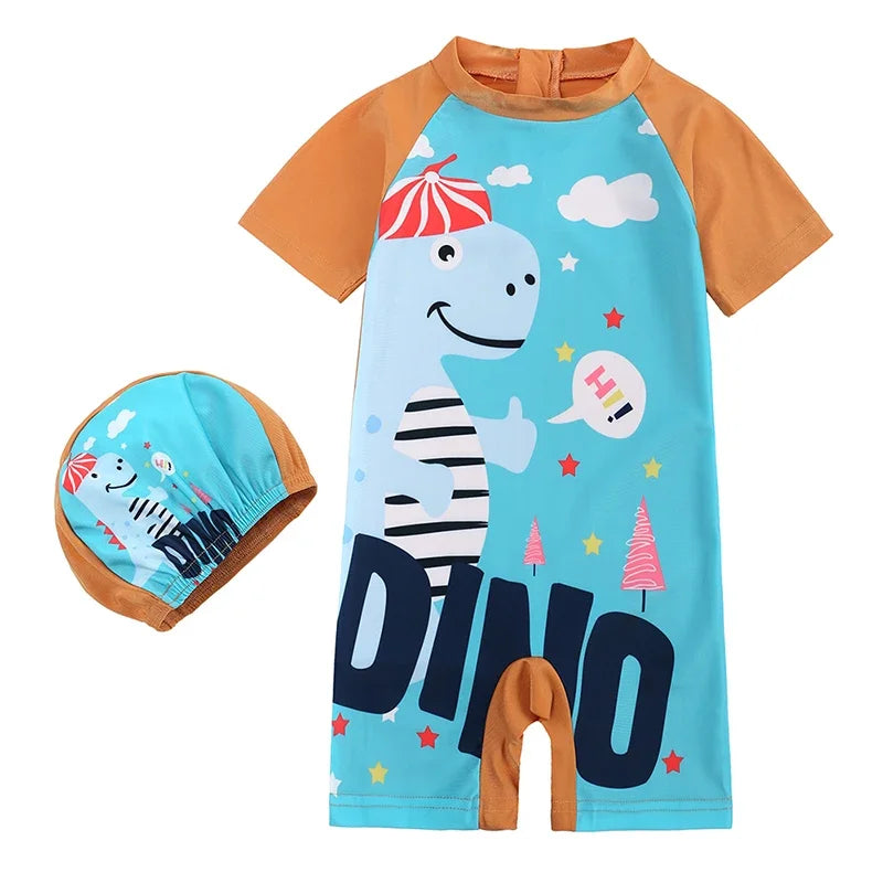 Baby Boys Girls 2pcs Summer Beach Swimwear Print Cartoon Cap+Bodysuit Infant Suit Outfit Bathing Swimsuit