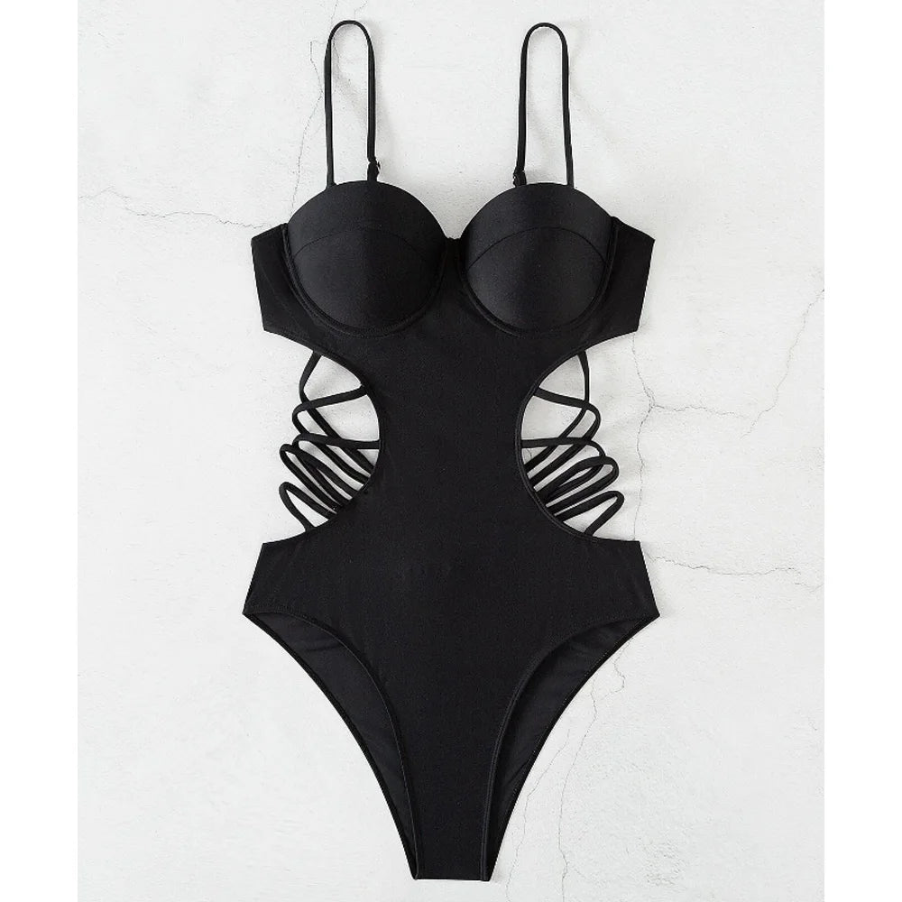 Black Strapped Swimwear Women Hollow Push Up One Piece Swimsuit Monokini High Waist Backless Bathing Suit