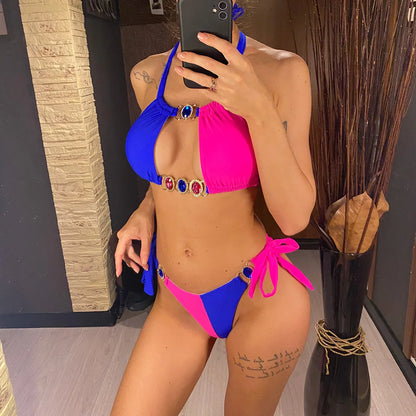 8 Colors Diamond Rhinestones Splicing Bikini Women Swimwear Female Swimsuit Two-pieces Bikini set Bather Bathing Suit Swim