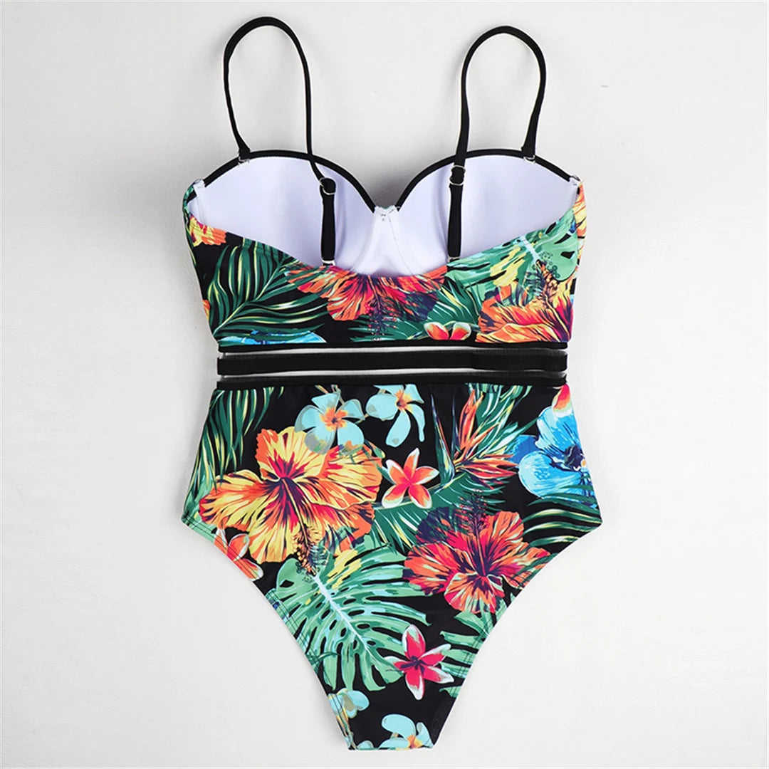 S - XL Leaves Printed Underwired With Bra Cup Women Swimwear One Piece Swimsuit Female Monokini Bather Bathing Suit Swim