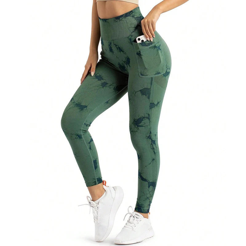Plus Size High Elastic Sports Yoga Fitness Women's High-Waisted Peach Butt Casual Tight-Fitting Quick-Drying Slim Tie-Dye Seamless with Phone Pocket Pants