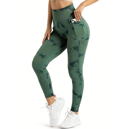 Plus Size High Elastic Sports Yoga Fitness Women's High-Waisted Peach Butt Casual Tight-Fitting Quick-Drying Slim Tie-Dye Seamless with Phone Pocket Pants