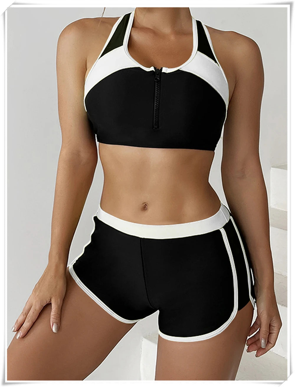 Two Piece Swimsuit Women Zipper Tankini Set High Waist Shorts Swimwear Female Bathing Swimming Suit Sports Beachwear Summer