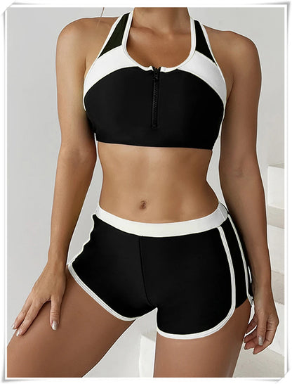 Two Piece Swimsuit Women Zipper Tankini Set High Waist Shorts Swimwear Female Bathing Swimming Suit Sports Beachwear Summer