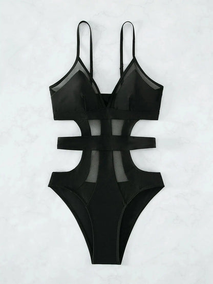 Women's Cut Out Waist Contrast Mesh Swimsuit, Summer Beach Swimwear, Bathing Suit for Women
