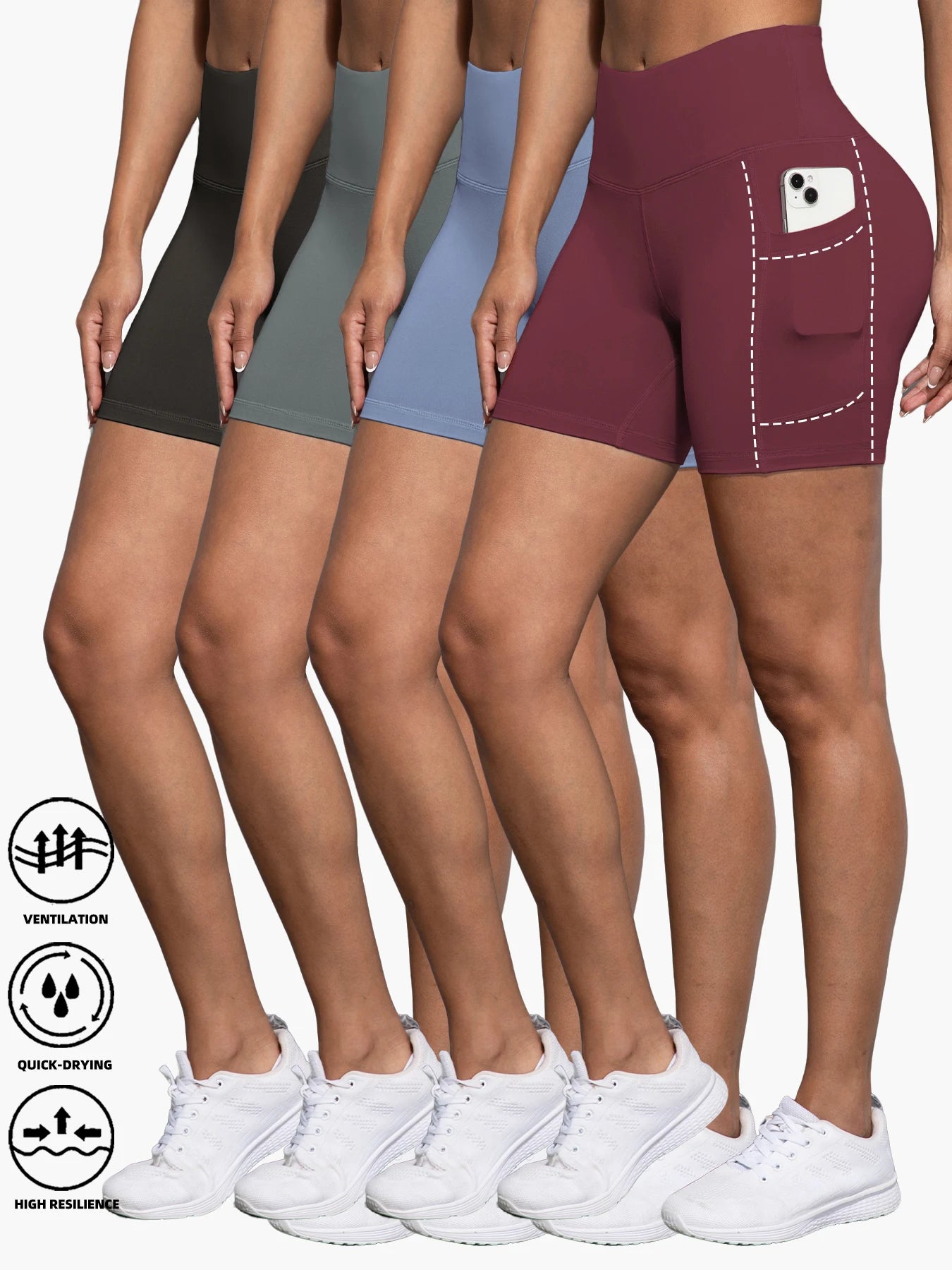 1/4PCS Women Side Pocket Yoga Short Leggings High Waist Squat Proof Fitness Pants Quick Drying Cycling Gym Leisure Sports Shorts