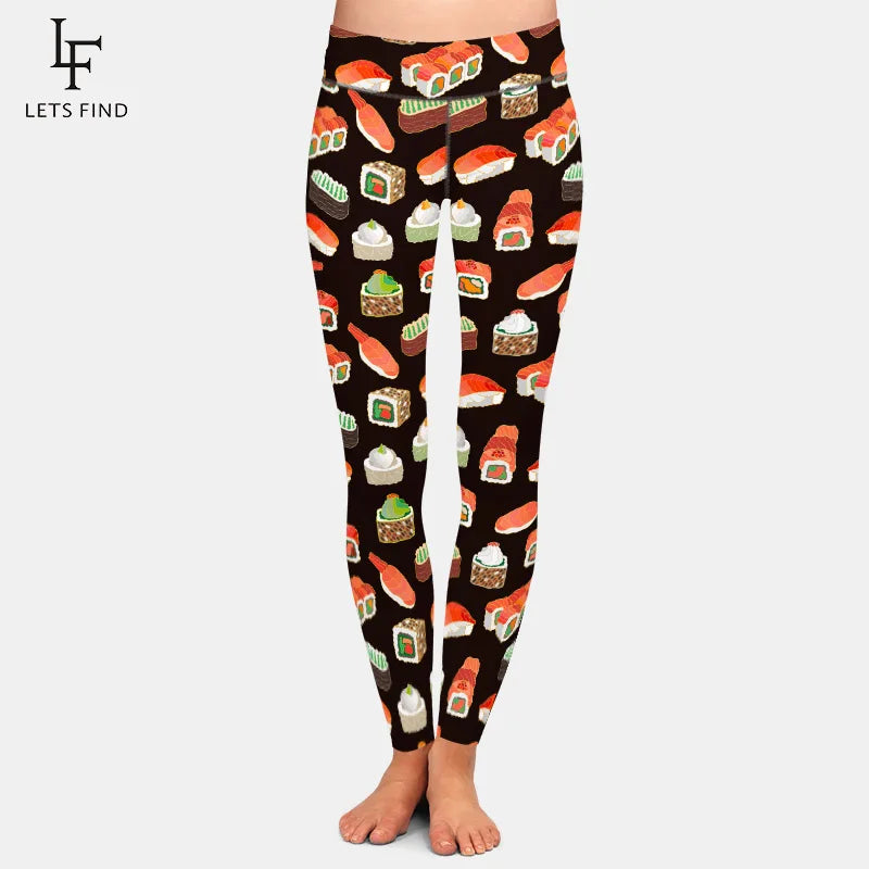Design 3D Sushi Print Women High Waist Leggings Elastic Workout Fitness Slim Black Leggings