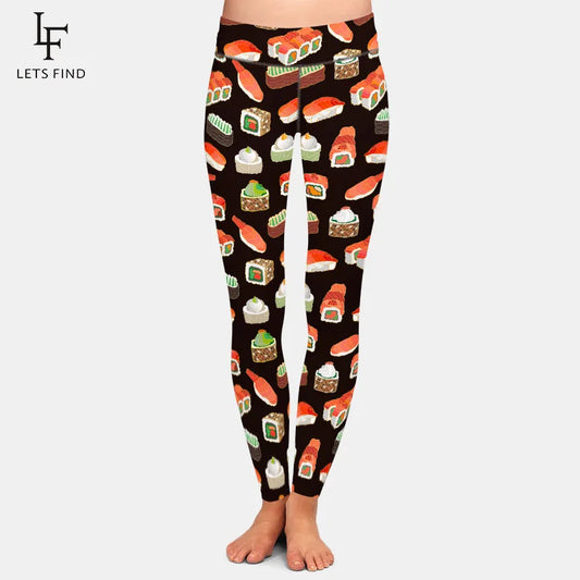 Design 3D Sushi Print Women High Waist Leggings Elastic Workout Fitness Slim Black Leggings