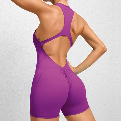 V Cut Zip Up Rompers Scrunch Butt Yoga Sets Racerback Jumpsuit for Women Fitness Gym Clothing Workout Open Back Sports Suit