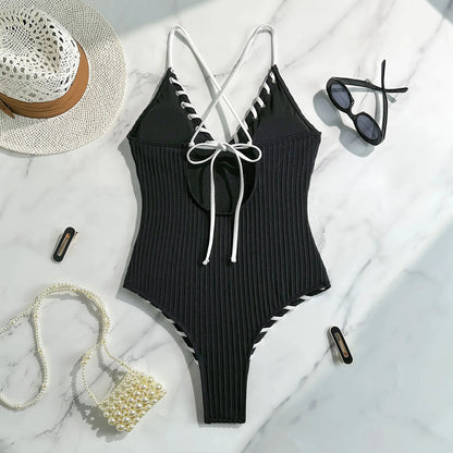 Black White Stitch Design One Piece Swimsuits Closed Women's Swimwear Push Up For Swimming Wear Body Bathing Suits Beachwear Pool Bather